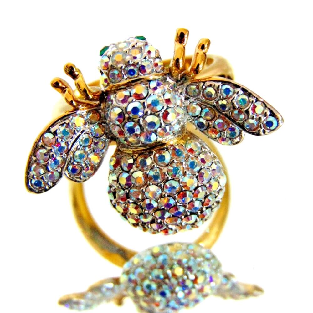 Joan Rivers Crystal Bee Ring Size 8 Aurora Borealis Statement Jewelry Figural